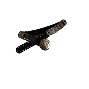 Leather & Metal Concho Belt With Hammered Silver Buckle